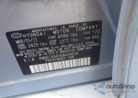 2011 Hyundai Sonata Hybrid z USA, uszkodzony, nr VIN KMHEC4A4XBA004636